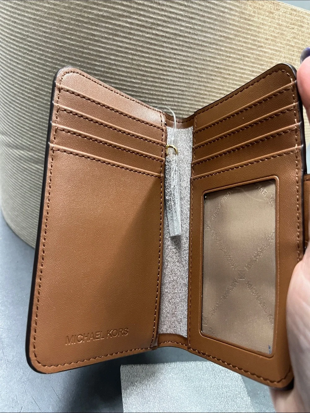 NWT Michael Kors Caramel Brown Pebbled Bifold Leather Wallet with Gold MK Accent